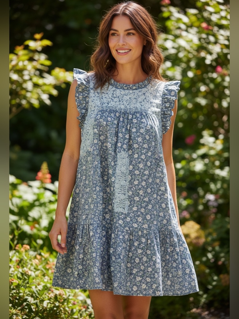 J. Marie Blue Floral Embroidered Mini Dress with Short Flutter Sleeves Size Med